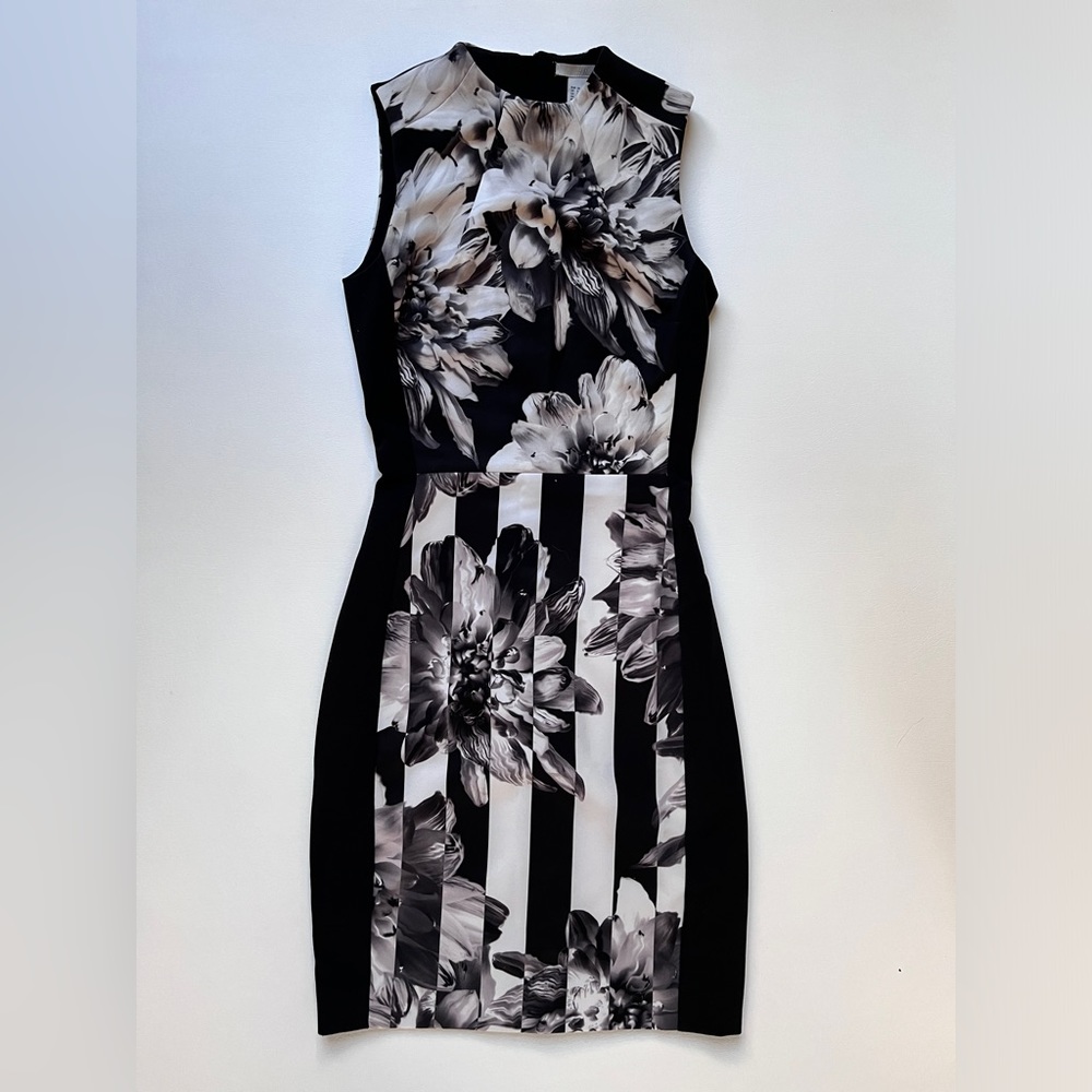 H&M Floral Pattern Dress Women’s Size 2 Black & White Sleeveless Knee-Length